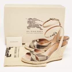 Burberry Beige/Brown Coated Canvas and Leather Ankle Strap Espadrille Wedge Sandals Size 38.5