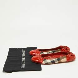 Pre Owned Burberry Orange/Beige Patent Leather and Nova Check Coated Canvas Scrunch Ballet Flats Size 39.5