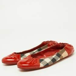 Pre Owned Burberry Orange/Beige Patent Leather and Nova Check Coated Canvas Scrunch Ballet Flats Size 39.5
