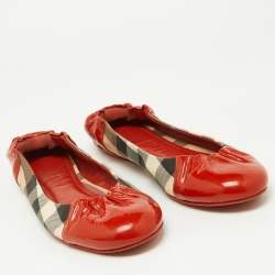 Pre Owned Burberry Orange/Beige Patent Leather and Nova Check Coated Canvas Scrunch Ballet Flats Size 39.5