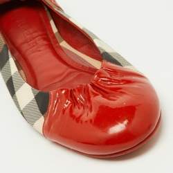 Pre Owned Burberry Orange/Beige Patent Leather and Nova Check Coated Canvas Scrunch Ballet Flats Size 39.5