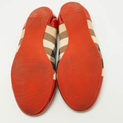 Pre Owned Burberry Orange/Beige Patent Leather and Nova Check Coated Canvas Scrunch Ballet Flats Size 39.5