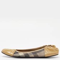 Burberry Beige Patent Leather and Nova Check Coated Canvas Scrunch Ballet Flats Size 39