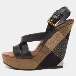 Burberry Multicolor Novacheck Canvas and Black Leather Warlow Platform Wedge Sandals Size 36.5