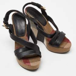 Burberry Multicolor Novacheck Canvas and Black Leather Warlow Platform Wedge Sandals Size 36.5