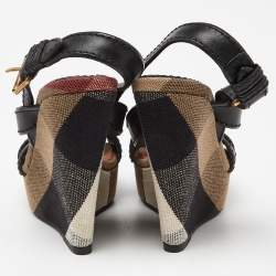 Burberry Multicolor Novacheck Canvas and Black Leather Warlow Platform Wedge Sandals Size 36.5