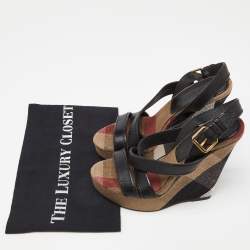 Burberry Multicolor Novacheck Canvas and Black Leather Warlow Platform Wedge Sandals Size 36.5