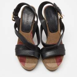 Burberry Multicolor Novacheck Canvas and Black Leather Warlow Platform Wedge Sandals Size 36.5