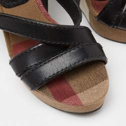 Burberry Multicolor Novacheck Canvas and Black Leather Warlow Platform Wedge Sandals Size 36.5