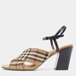 Burberry Beige/Black House Check Woven Canvas and Leather Cross Strap Sandals Size 40