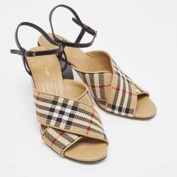 Burberry Beige/Black House Check Woven Canvas and Leather Cross Strap Sandals Size 40