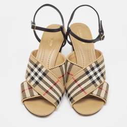 Burberry Beige/Black House Check Woven Canvas and Leather Cross Strap Sandals Size 40