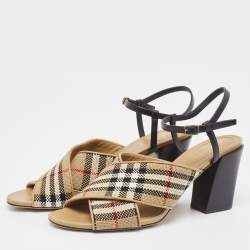 Burberry Beige/Black House Check Woven Canvas and Leather Cross Strap Sandals Size 40