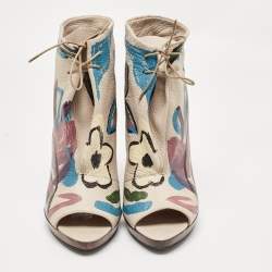 Pre Owned Burberry Grey Leather Flower Prints Ankle Boots Size 37