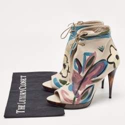 Pre Owned Burberry Grey Leather Flower Prints Ankle Boots Size 37