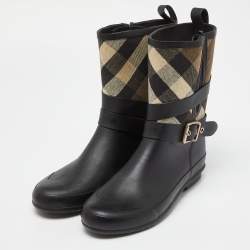 Burberry Black Rubber and House Check Canvas Rain Boots Size 39