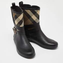 Burberry Black Rubber and House Check Canvas Rain Boots Size 39