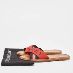 Burberry Red/Black Canvas Foley Logo Stripe Crisscross Slide Flats Size 37.5