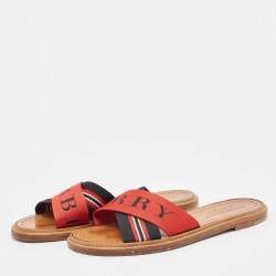 Burberry Red/Black Canvas Foley Logo Stripe Crisscross Slide Flats Size 37.5