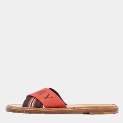 Burberry Red/Black Canvas Foley Logo Stripe Crisscross Slide Flats Size 37.5