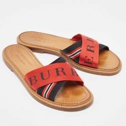 Burberry Red/Black Canvas Foley Logo Stripe Crisscross Slide Flats Size 37.5