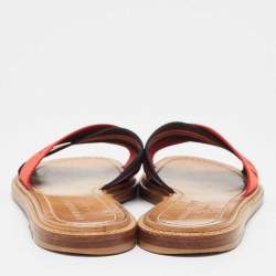 Burberry Red/Black Canvas Foley Logo Stripe Crisscross Slide Flats Size 37.5