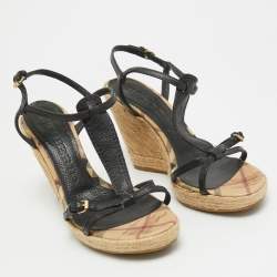 Burberry Black Leather T-Bar Espadrille Wedge Sandals Size 39