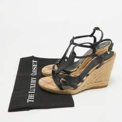 Burberry Black Leather T-Bar Espadrille Wedge Sandals Size 39