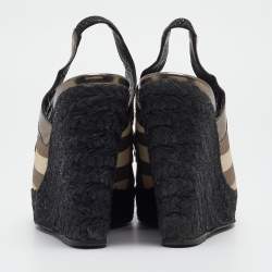 Pre Owned Burberry Multicolor Leather and Check Canvas Espadrille Wedge Slingback Pumps Size 39