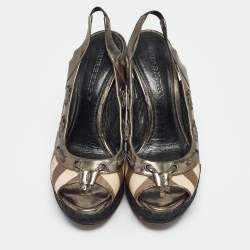 Pre Owned Burberry Multicolor Leather and Check Canvas Espadrille Wedge Slingback Pumps Size 39