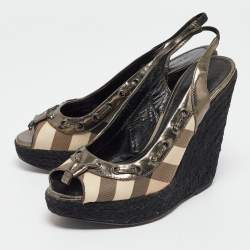 Pre Owned Burberry Multicolor Leather and Check Canvas Espadrille Wedge Slingback Pumps Size 39