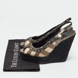Pre Owned Burberry Multicolor Leather and Check Canvas Espadrille Wedge Slingback Pumps Size 39
