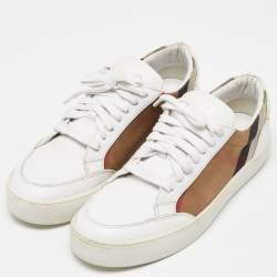 Burberry White/Beige Canvas and Leather Low Top Sneakers Size 38