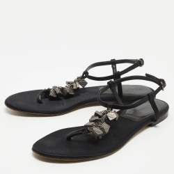 Burberry Black Satin Embellished Thong Flat Sandals Size 39