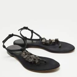 Burberry Black Satin Embellished Thong Flat Sandals Size 39