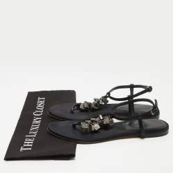 Burberry Black Satin Embellished Thong Flat Sandals Size 39