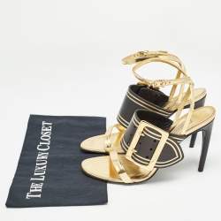 Pre Owned Burberry Black/Gold Leather Buckle Detail Ankle Strap Sandals Size 39