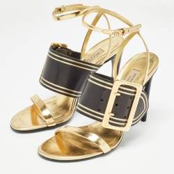 Pre Owned Burberry Black/Gold Leather Buckle Detail Ankle Strap Sandals Size 39