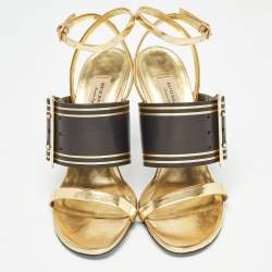 Pre Owned Burberry Black/Gold Leather Buckle Detail Ankle Strap Sandals Size 39