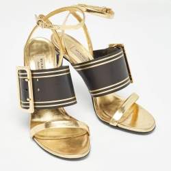 Pre Owned Burberry Black/Gold Leather Buckle Detail Ankle Strap Sandals Size 39