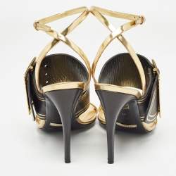 Pre Owned Burberry Black/Gold Leather Buckle Detail Ankle Strap Sandals Size 39