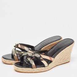 Burberry Beige/Black House Check Canvas and Patent Wedge Sandals Size 40