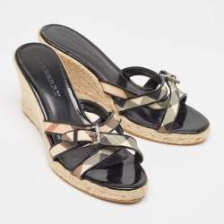 Burberry Beige/Black House Check Canvas and Patent Wedge Sandals Size 40