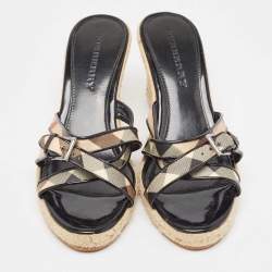 Burberry Beige/Black House Check Canvas and Patent Wedge Sandals Size 40