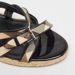 Burberry Beige/Black House Check Canvas and Patent Wedge Sandals Size 40