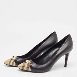 Pre Owned Burberry Black/Beige Canvas and Leather Cap Top Pumps Size 40.5