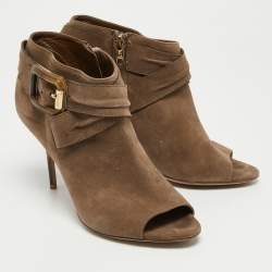 Pre Owned Burberry Beige Suede Peep Toe Zip Up Booties Size 38.5
