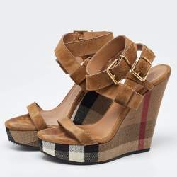 Burberry Brown Nova Check Canvas and Suede Warlow Platform Wedge Sandals Size 38