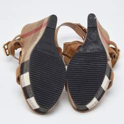 Burberry Brown Nova Check Canvas and Suede Warlow Platform Wedge Sandals Size 38