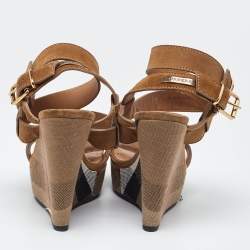 Burberry Brown Nova Check Canvas and Suede Warlow Platform Wedge Sandals Size 38